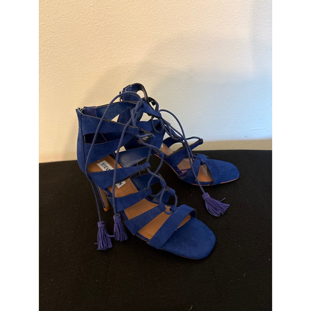 Steve Madden Martini Heels Womens 7.5 Blue Good Lace Up Tassel Cage Sandals